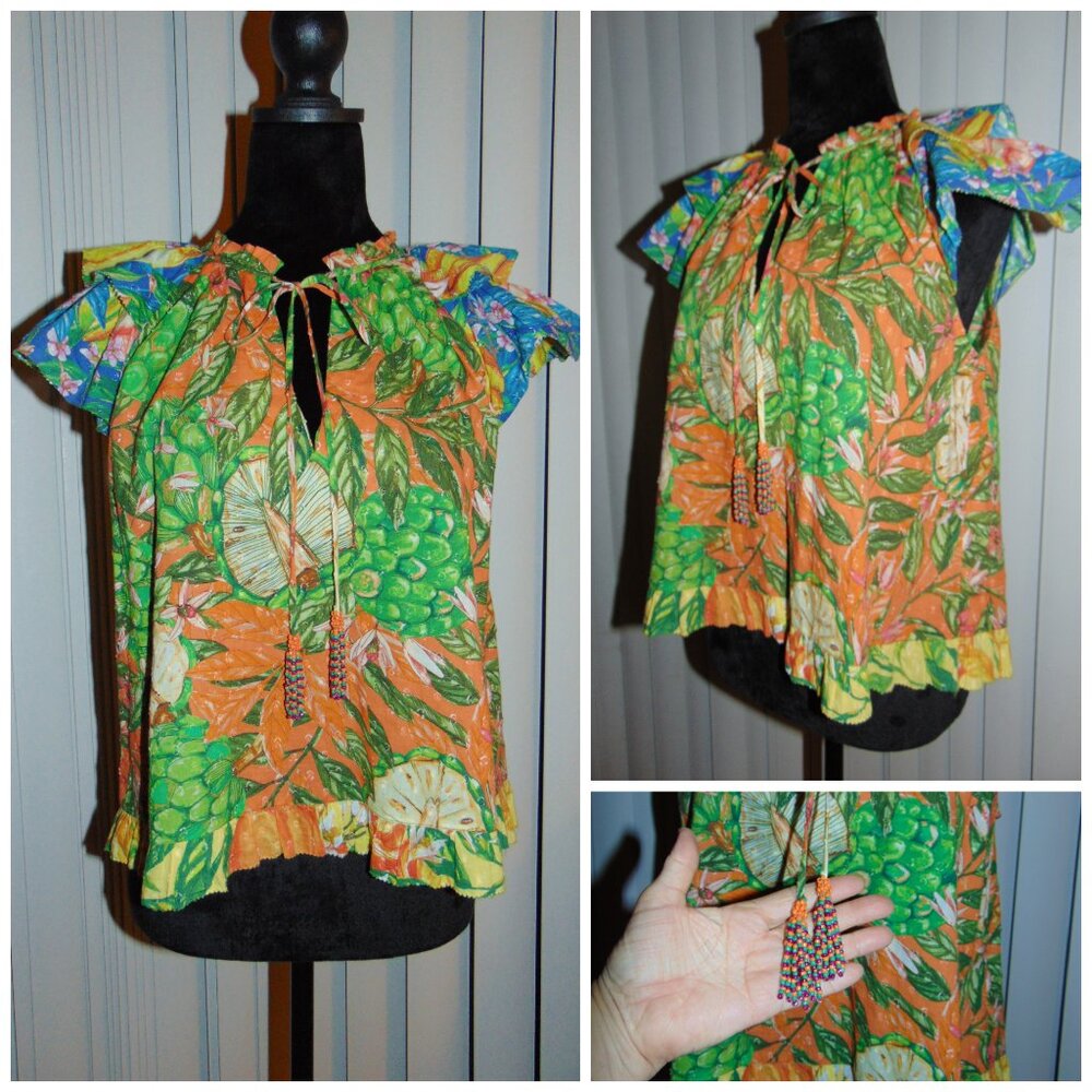 Farm Rio Artichoke Beaded Short-Sleeve Blouse Floral Resort Anthropologie S